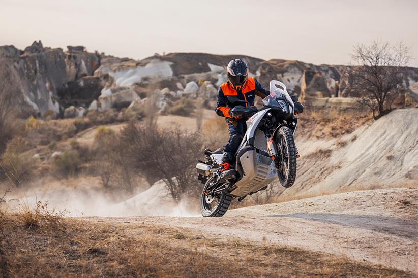 Pulling a wheelie on the 2023 KTM 790 Adventure