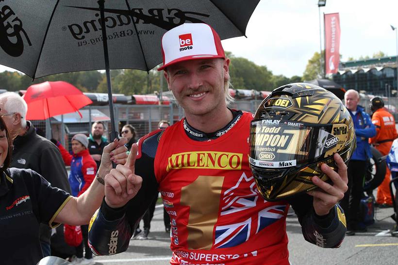 Davey Todd with his special champion celebration helmet at Brands Hatch