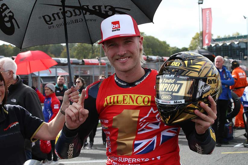 Davey Todd with his special champion celebration helmet at Brands Hatch