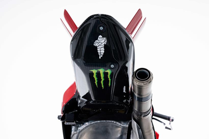 Monster Energy branding can be found under the rear of the bike