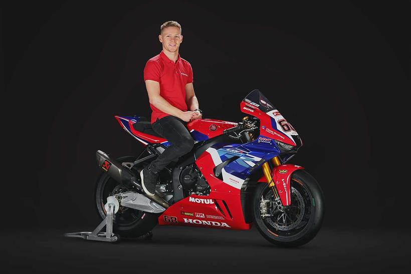 Tom Neave sits on his 2023 Honda Racing UK BSB bike