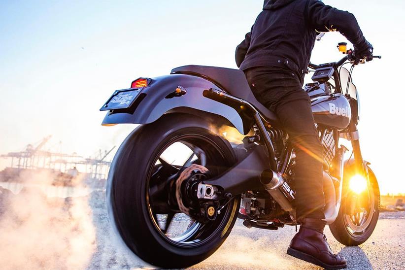 Buell Super Cruiser performs a burnout