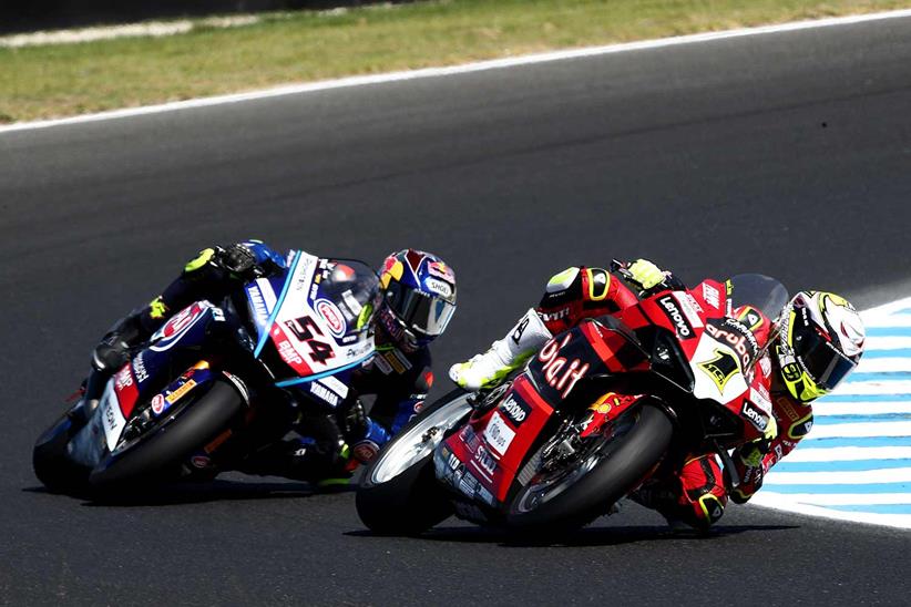 Alvaro Bautista ahead of Toprak Razgatlioglu at Phillip Island