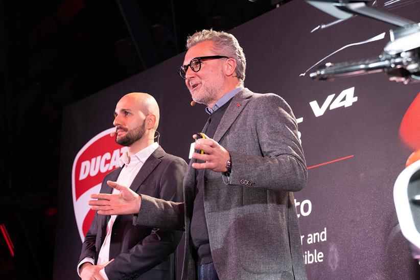 Stefano Tarabusi, Project Manager of the Diavel V4, addresses crowds at The Gherkin building