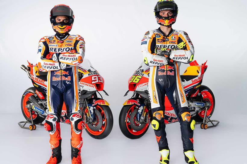 Marc Marquez and Joan Mir in front of the 2023 Repsol Honda RC213V