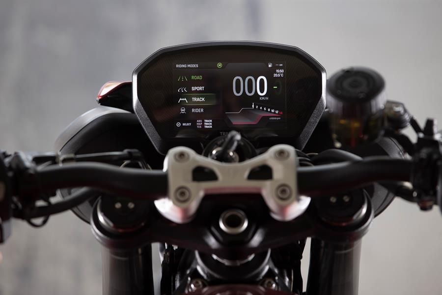 Triumph Street Triple 765 clocks showing rider modes, in this case Track