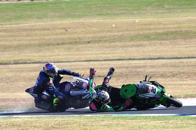 Alex Lowes falls and hits Toprak Razgatlioglu at Phillip Island