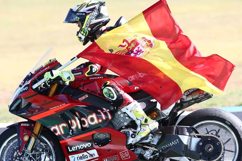 Alvaro Bautista celebrates victory at Phillip Island with the Spanish flag