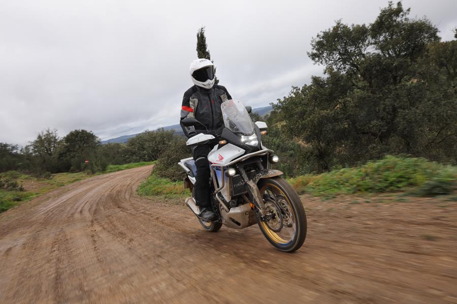 2023 Honda Transalp XL750 ridden off road with Neevsey standing on the pegs