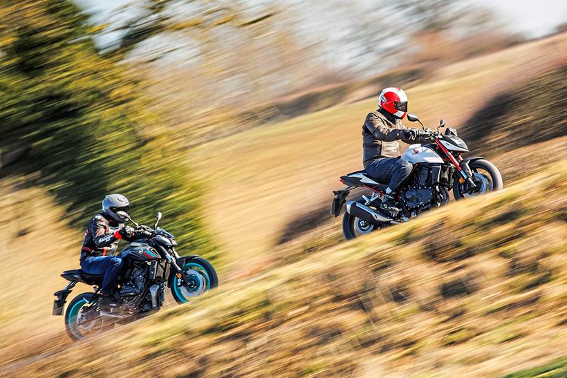 The Honda CB750 Hornet and Yamaha MT-07 on a country road