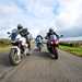 Moto Guzzi V100 Mandello riding on the road with Kawasaki's Ninja 1000SX and BMW R1250RS