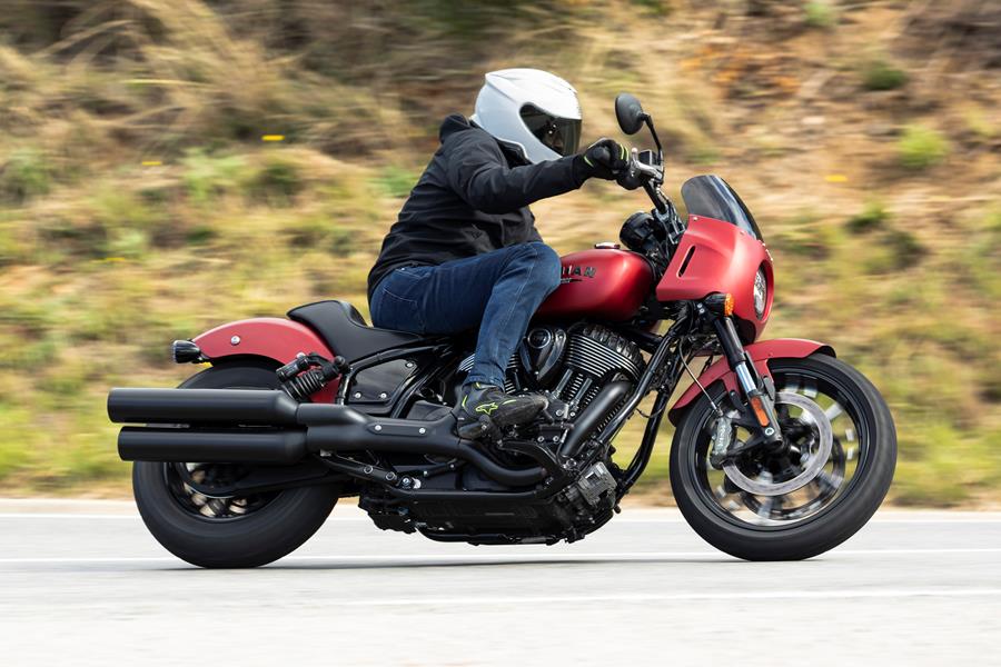 A side-on shot of the 2023 Indian Sport Chief being ridden