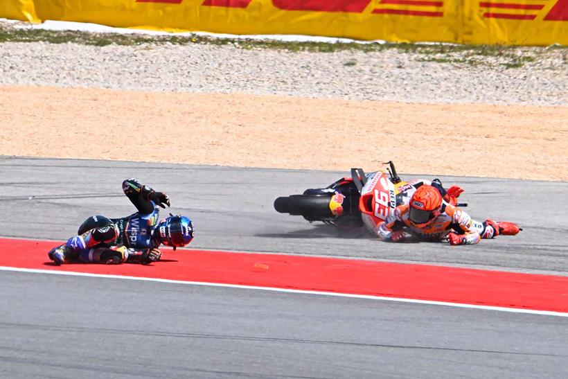 Miguel Oliveira and Marc Marquez crash out of the GP at Portimao