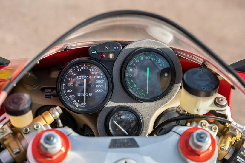 The Ducati 916 SPS shows just 24km on the clock