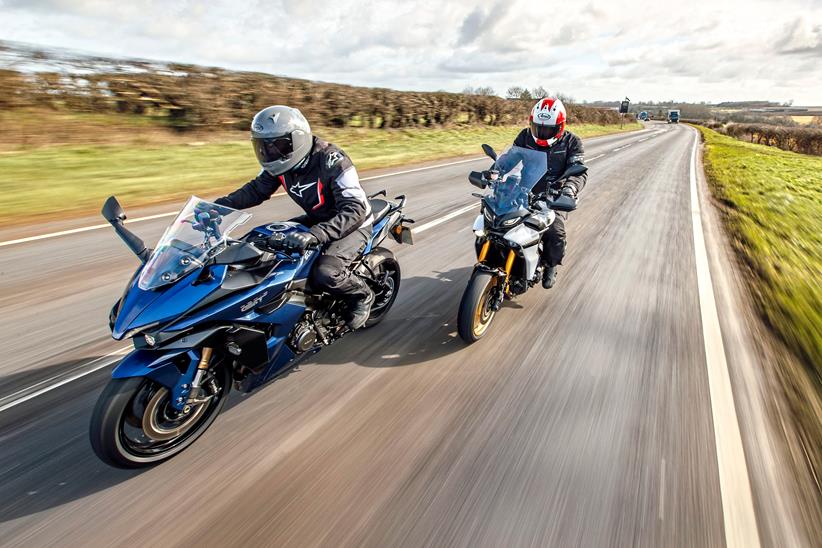 Riding a straight road on the Suzuki GSX-S1000GT and Yamaha Tracer 9 GT