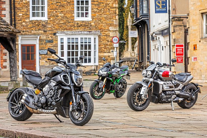 The Ducati Diavel V4, Triumph Rocket 3 R, and Kawasaki Z H2