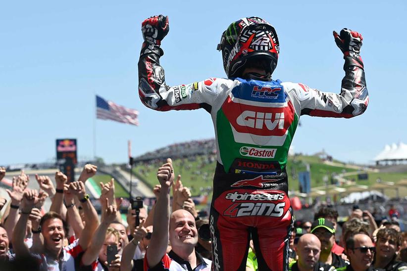 Alex Rins celebrates with the LCR Honda team at COTA