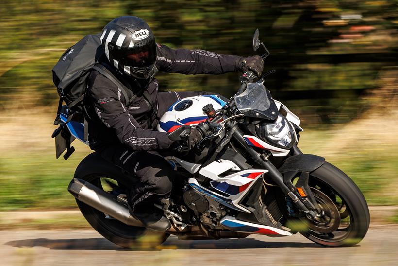 BMW M1000R long-term test bike cornering right