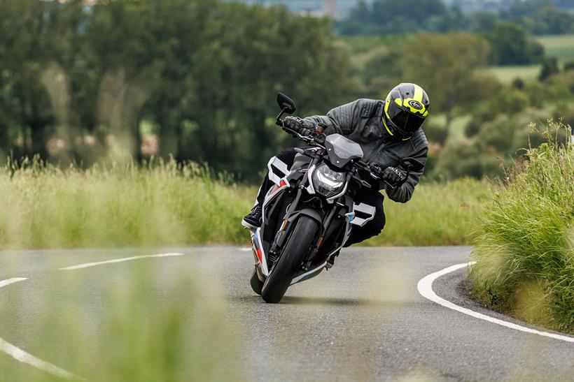 BMW M1000R cornering shot on the road