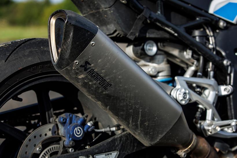 BMW M1000R long-term test bike dirty exhaust