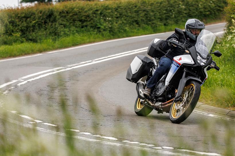 Honda XL750 Transalp cornering shot on the road