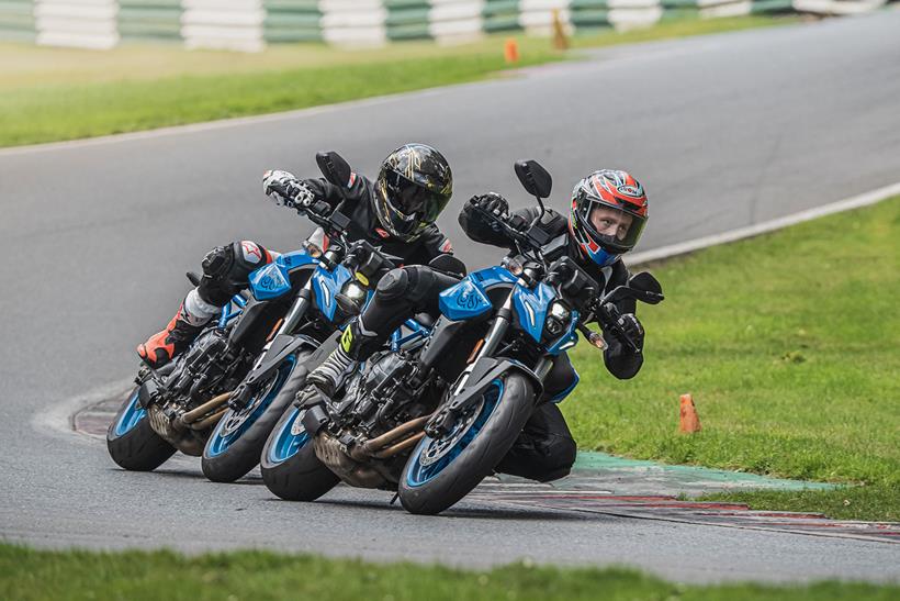 A pair of Suzuki GSX-8Ss on track