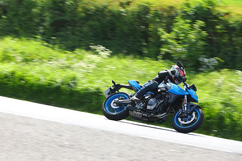 Cornering left on a Suzuki GSX-8S