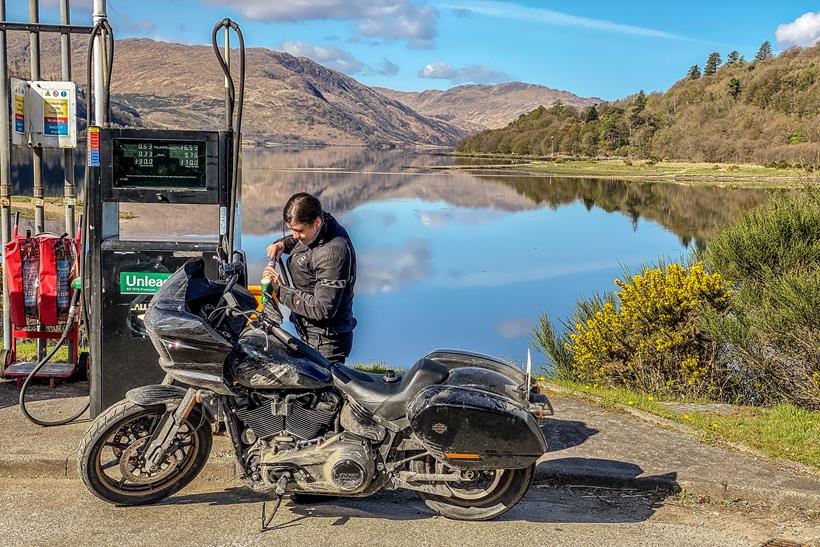 Long-term Harley-Davidson Low Rider ST refuelling by a loch