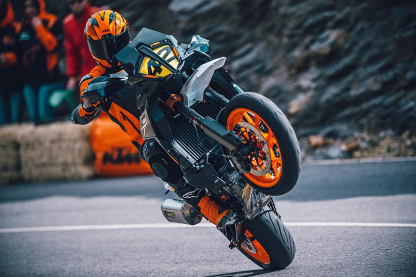 Pulling a wheelie on the 2023 KTM 890 SMT