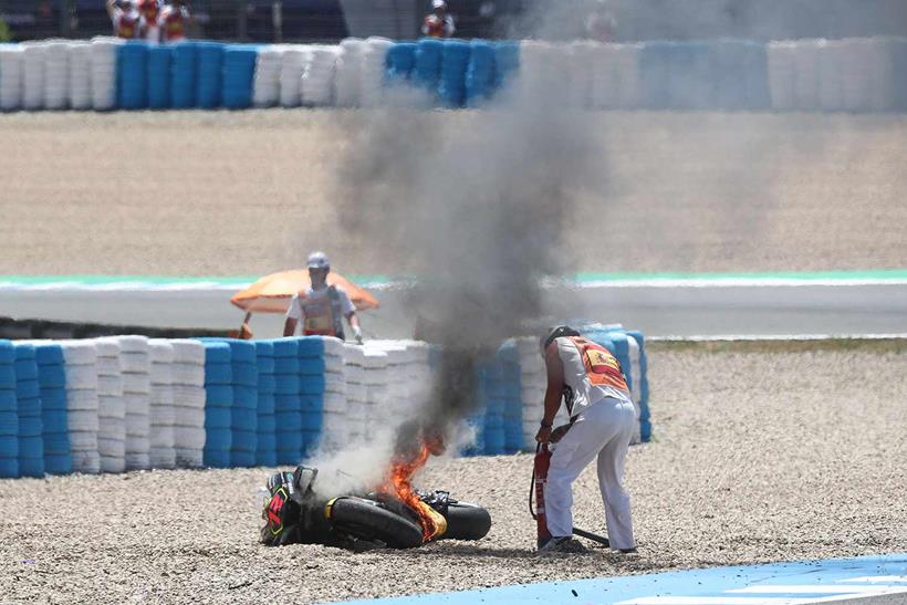 Marco Bezzecchi's Mooney VR46 Ducati on fire at Jerez