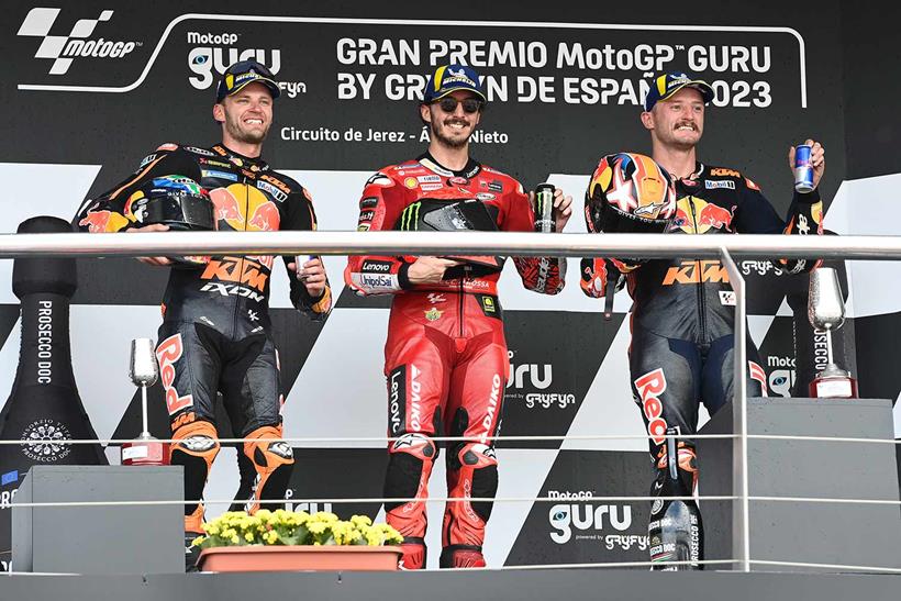 Pecco Bagnaia, Brad Binder and Jack Miller on the podium at Jerez