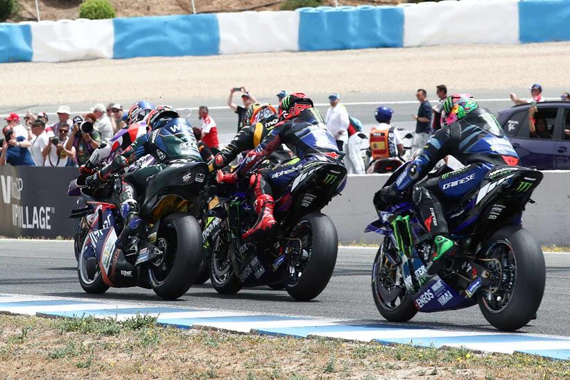 Moments before disaster...Quartararo inbetween Oliveira and Bezzecchi at Jerez