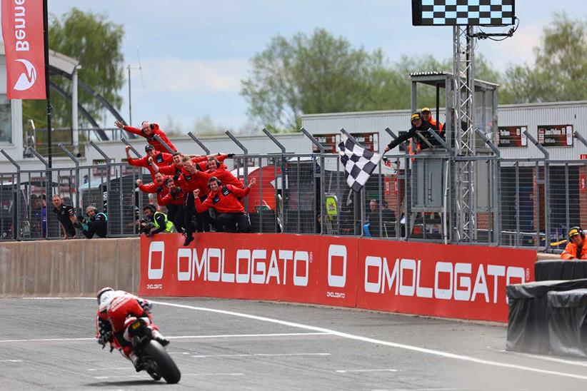 Tommy Bridewell crosses the line to win for PBM at Oulton Park