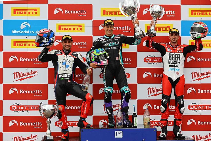 Josh Brookes, Leon Haslam and Glenn Irwin celebrate on the Oulton Park podium