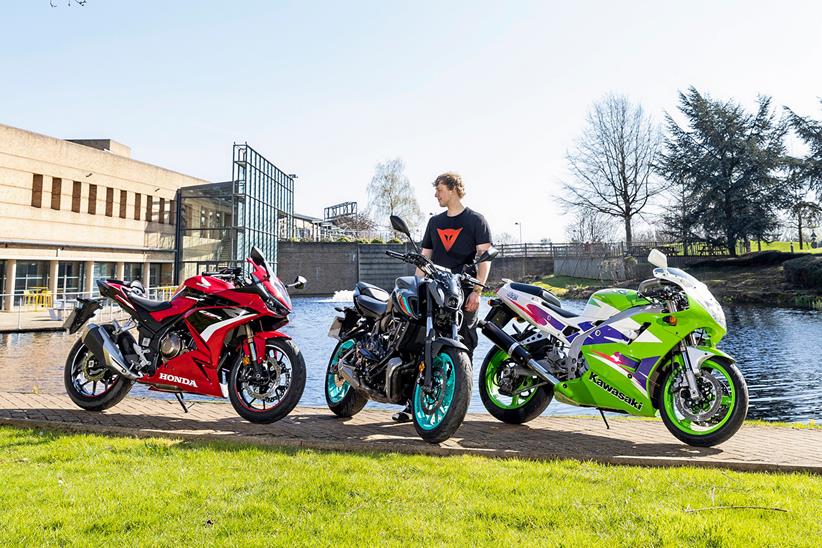 MCN's Joseph Wright with three A2 licence motorcycles