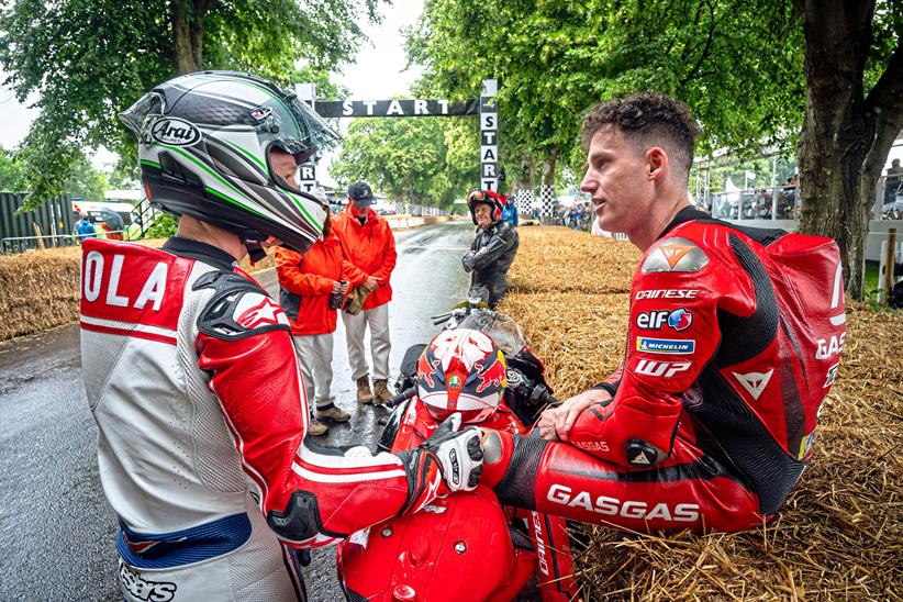 Pol Espargaro chats with Randy Mamola at Goodwood