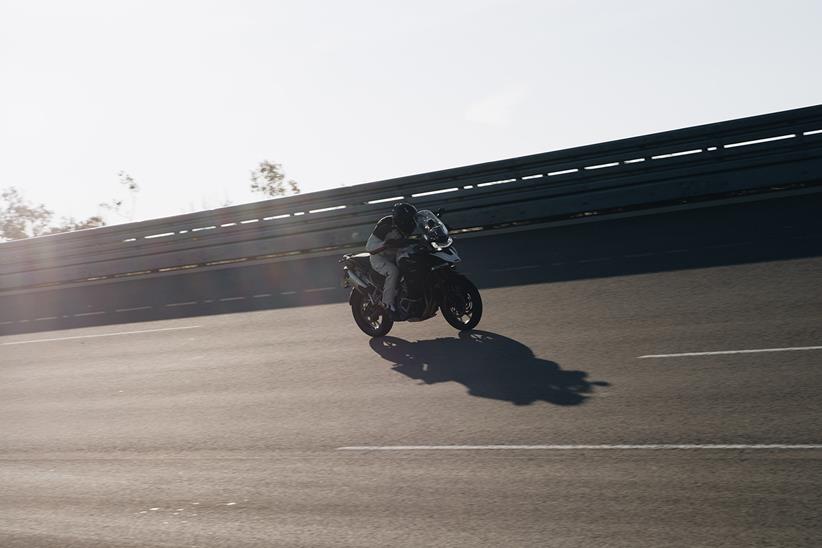 The Triumph Tiger 1200 GT Explorer ridden on Nardo's high speed bowl