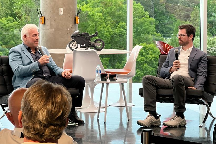 Frank Stephenson, left, talks about his motorcycle design