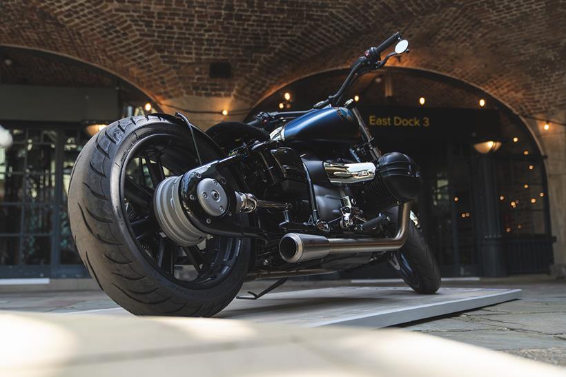 The rear view of a custom BMW R18