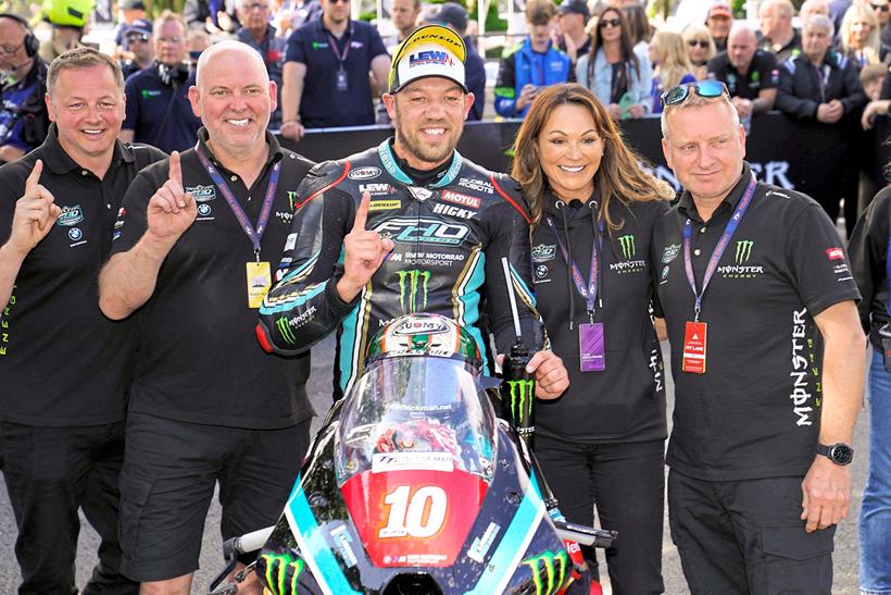 Peter HIckman celebrating victory at the 2023 Isle of Man TT races