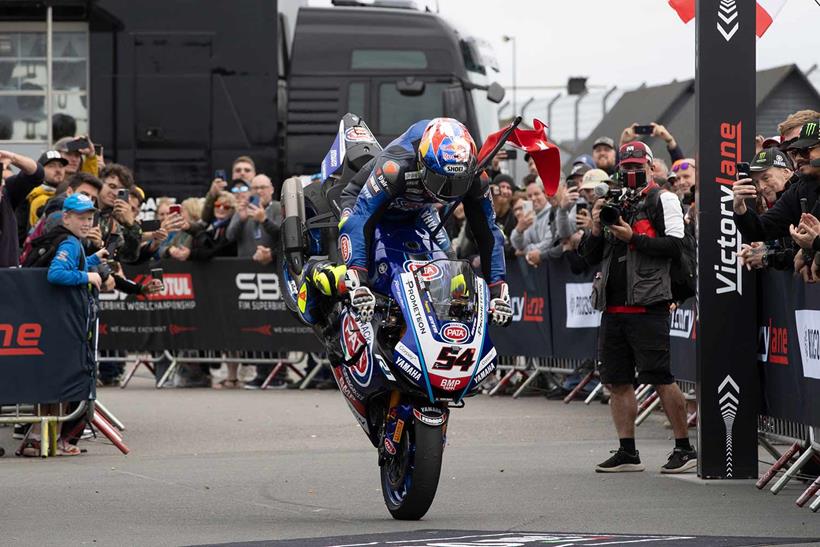 A stoppie for Toprak after winning at Donington Park.