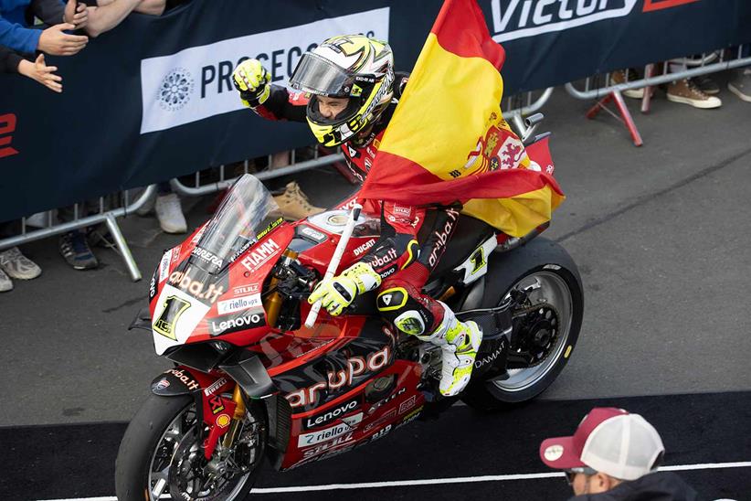 Alvaro Bautista celebrates victory at Donington Park