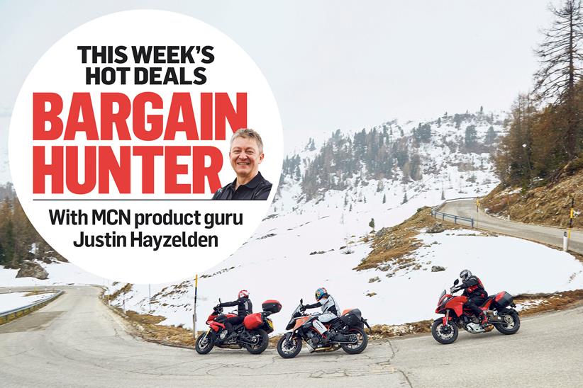 Three riders in snowy mountains, with MCN's Bargain Hunter logo