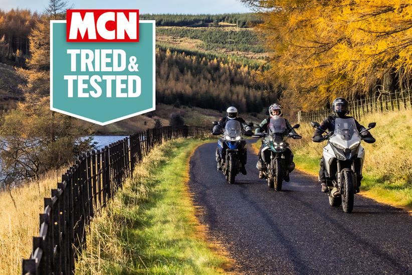 Three motorcyclists riding in the hills