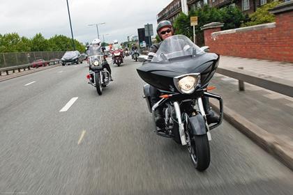 MCN's Holmes, right, on the rideout from the Ace to the Autolegends Show