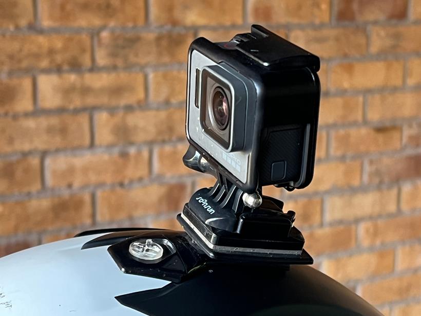 CU of action camera mounted on helmet