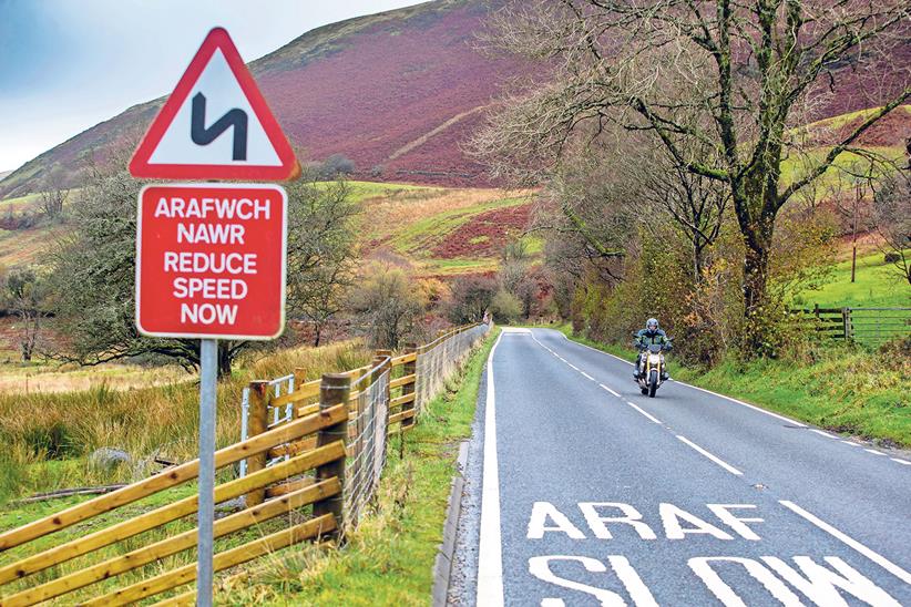 Motorcyclist on a Welsh road