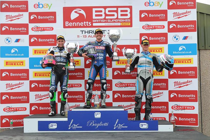 Jason O'Halloran stands on the top step of the Thruxton podium