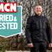 Justin modelling the Halvarssons Gruven textile jacket, with MCN's Tried & Tested logo