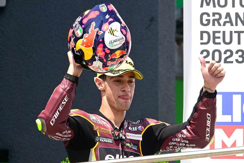 Tony Arbolino on the Moto2 podium in Germany